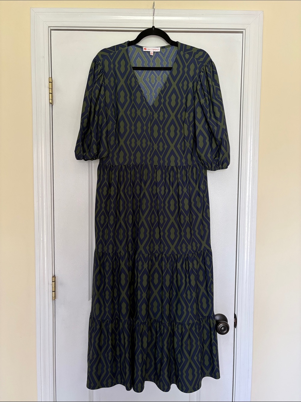 Jude Connally Navy and Olive Geometric V-Neck Maxi Dress